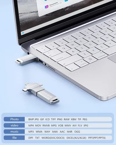 Miniatura 5 de Memoria USB USB con certificación MFi para iPhone, memoria externa 4 en 1 para ahorro de video y copia de seguridad (plata, 256 GB)