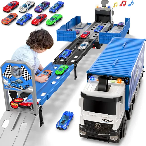 Miniatura 9 de Camión de carreras para niños, juguete plegable de 3 capas para niños, camión de juguete para transportar autos y 8 autos de carreras, juguetes