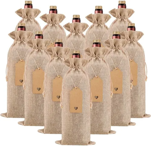 Homum 24 bolsas de vino de arpillera de alta calidad y 12 etiquetas de regalo, bolsas de regalo de vino reutilizables con cordones, bolsas para