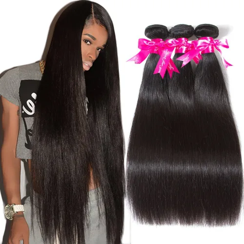 Miniatura 10 de Subella 3 manojos de cabello humano brasileño lacio, grado 10A, virgen, sin procesar, color negro natural (8, 10, 12 pulgadas)