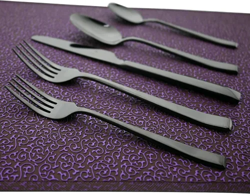 Miniatura 5 de Juego de cubiertos de mango grueso de 24 piezas, acero inoxidable 18/10 negro antiguo con cuchillo para carne, juego de cubiertos pulidos de espejo