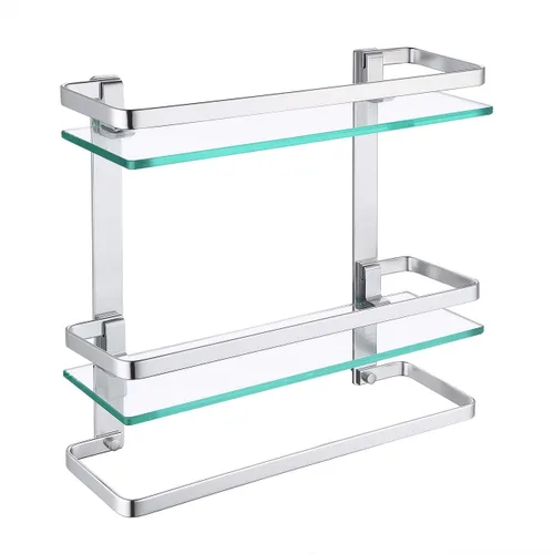 Miniatura 8 de KES Estante de vidrio templado para baño, estante de vidrio de almacenamiento de 2 niveles, rectangular con barra montado en la pared, acabado