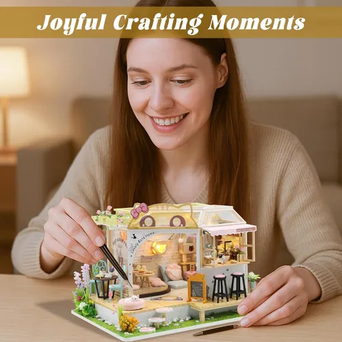 Miniatura 4 de Flever Kit de casa de muñecas en miniatura para bricolaje, habitación creativa con muebles para regalo romántico de San Valentín (Cat Cafe Garden)