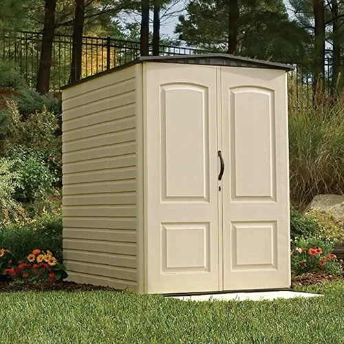 Miniatura 2 de Rubbermaid - Cobertizo grande vertical de resina para exteriores con piso (6.2 x 4.6 pies), resistente a la intemperie, beige/marrón, para organizar