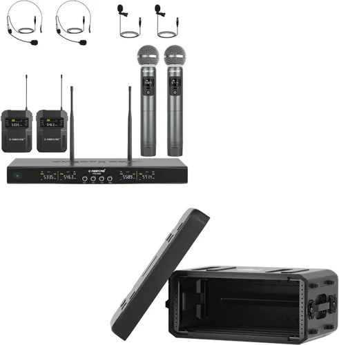Phenyx Pro Juego de micrófono inalámbrico de 4 canales PTU-5200-2H2B incluido con estuche de rack poco profundo 4U PRCSE-4U