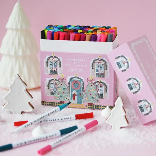 Miniatura 2 de Primrosia 100 marcadores artísticos de doble punta, caja de regalo de edición navideña. Juego de puntas finas y de pincel para diario, caligrafía