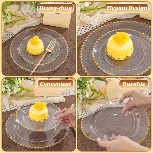 Miniatura 5 de LIYH - 150 platos de plástico transparente y dorado, elegante juego de vajilla desechable de plástico dorado que incluye platos de cena y postre