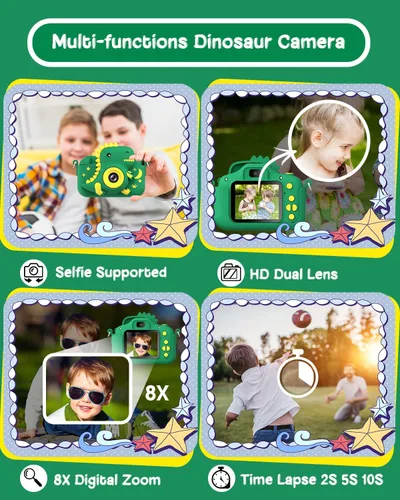 Miniatura 4 de Cámara para niños, Cámara digital para niños pequeños de dinosaurio para niños de 3 a 12 años, regalos de Navidad y cumpleaños, cámara de video HD