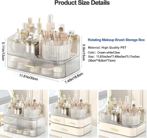 Miniatura 7 de DASITON Organizador de Maquillaje con Cajones y Soporte Giratorio para Brochas de Maquillaje, Organizador de Cosméticos Apilable de Gran Capacidad