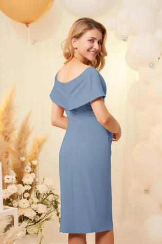 Miniatura 4 de Maacie Vestido de maternidad con hombros descubiertos 2023 fruncido lateral y abertura izquierda, vestido de cóctel ajustado para baby shower