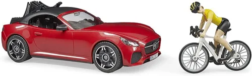 Miniatura 3 de Bruder Juguetes - Coche recreativo realista Roadster con soporte para bicicletas y bicicleta de carretera con figura de ciclista femenina, el techo
