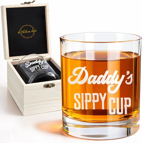 LIGHTEN LIFE Vaso Sippy de Papá Vaso de Whisky de 12 onzas, Regalo Único para Papá en Caja de Madera Valiosa, Divertido Regalo de Broma para Nuevo