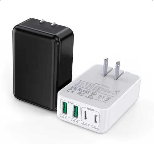 Miniatura 11 de Paquete de 2 bloques de carga USB C planos, 40 W, 4 puertos, cargador rápido de 20 W, bloque de carga tipo C, cargador de pared USB de 3.1 A, doble