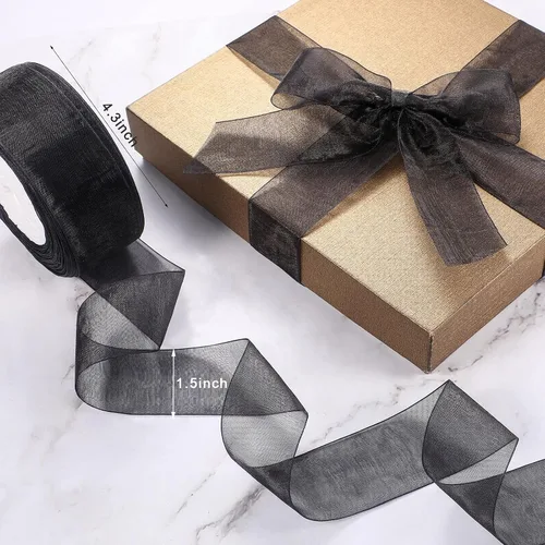 Miniatura 2 de Outus Cinta de organza transparente para envoltura de regalos, cinta de malla de tul de gasa, cinta transparente para decoración del árbol de Negro