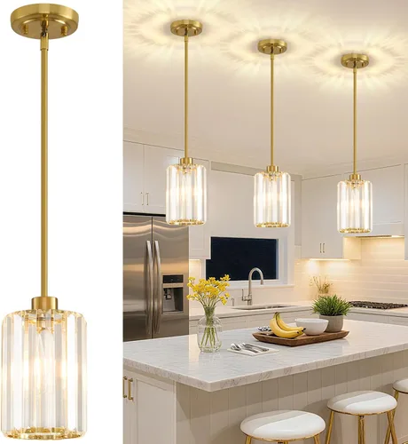 Miniatura 11 de Paquete de 2 luces colgantes para isla de cocina, modernas lámparas colgantes doradas, mini candelabro de cristal para isla de cocina, lámparas