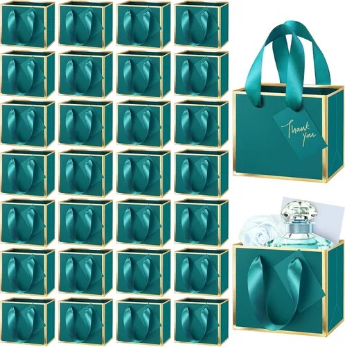 Miniatura 30 de Yeaqee 50 mini bolsas de regalo de papel metálico con asa de 4.75 x 2.25 x 4 pulgadas, pequeña bolsa de regalo para bricolaje, etiqueta de Azul