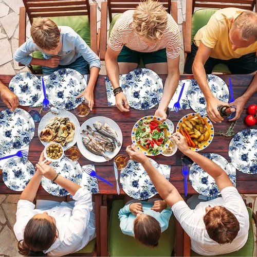 Miniatura 5 de 96 piezas de platos de fiesta de peonía, servilletas, juego de vajilla, flores azules, suministros desechables para cenas, decoración de fiesta azul
