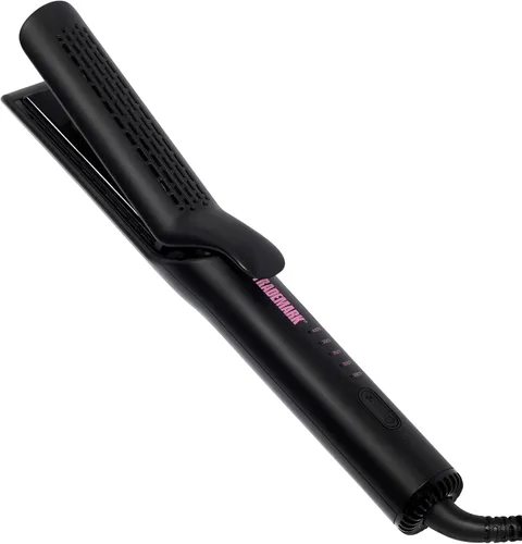 Trademark Beauty Plancha plana para peinar el flujo de aire, alisador y rizador de pelo 2 en 1, placas de cerámica, revestimiento de turmalina, Negro