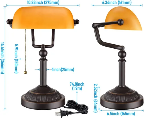 Miniatura 7 de TORCHSTAR Lámpara de escritorio de cristal ámbar, lámparas de escritorio antiguas con base pesada retro, lámpara tradicional de biblioteca