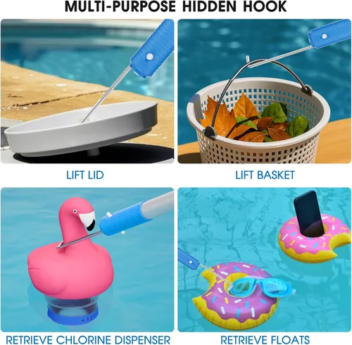 Miniatura 2 de TidyMister Poste de piscina mejorado de 9 pies de largo con gancho oculto, postes extendidos de aluminio para cepillo de red de desnatador y cabezal