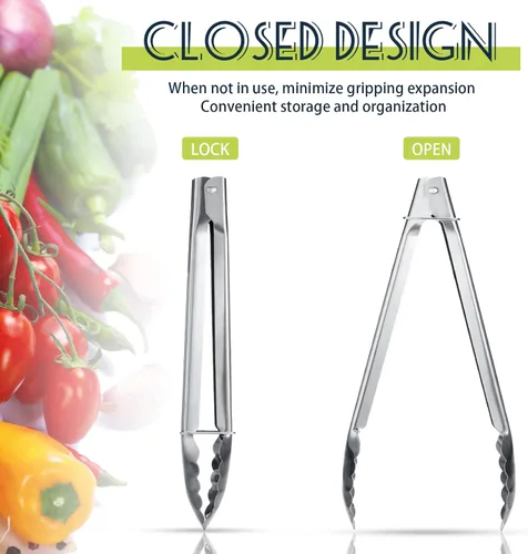 Miniatura 3 de Chengu Juego de 18 pinzas de cocina de acero inoxidable con anillos deslizantes de 7 pulgadas, pinzas de cocina antideslizantes para ensalada