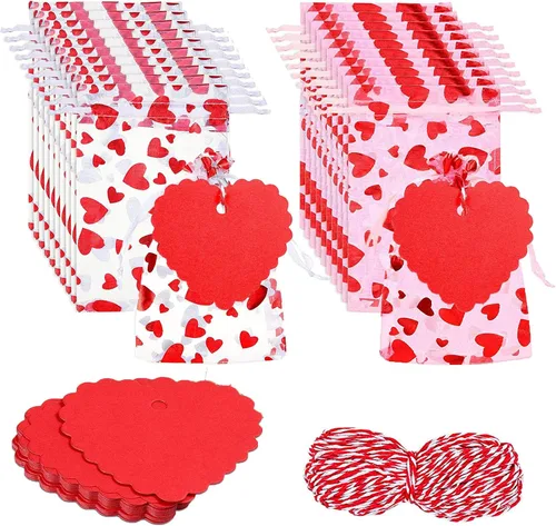 50 bolsas de dulces de corazón para el día de San Valentín, bolsas de joyería de organza y 50 etiquetas de papel kraft para el día de San Valentín,