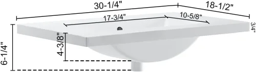 Miniatura 9 de Dowell - Fregadero de baño de 30 pulgadas, lavabo de cerámica de tocador de un solo cuenco, fregadero rectangular con desbordamiento, blanco-000