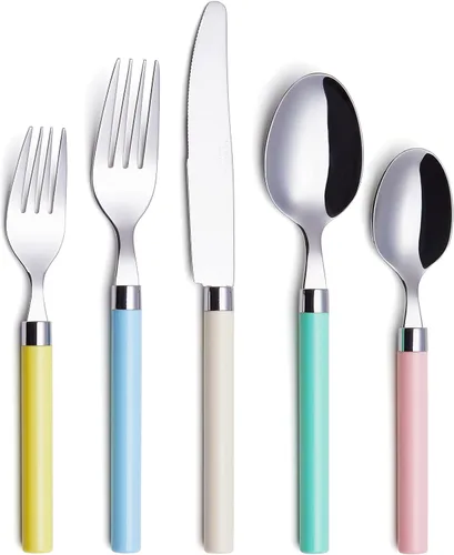 Miniatura 13 de ANNOVA Vajilla colorida de acero inoxidable, utensilios de cocina, incluye cuchillos, tenedores, cucharas, tenedores de ensalada y cucharas de Lila