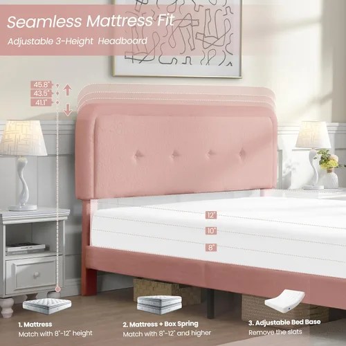 Miniatura 4 de Base de cama de tamaño matrimonial con cabecera ajustable, moderna cama tapizada suave y bonita con tela de bucle, marco de cama para niñas, fácil