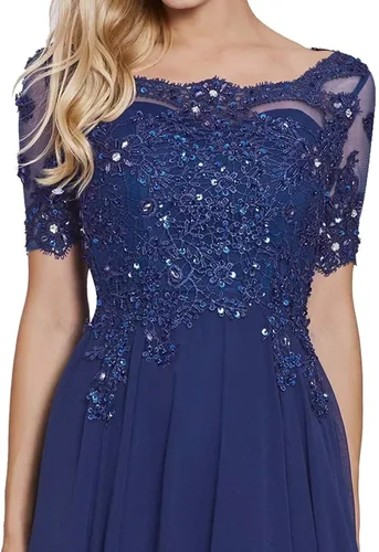 Miniatura 3 de Vestido formal de gasa de manga corta con apliques de encaje para mujer