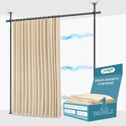 JILRON Juego de cortinas divisoras de ambientes sin taladro: incluye cortina beige de 106 pulgadas de ancho x 84 pulgadas de largo y soportes de