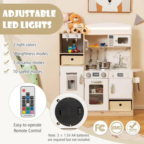 Miniatura 2 de HONEY JOY Juego de cocina para niños con luces, juego de cocina de madera con 2 contenedores de almacenamiento, cafetera, microondas, máquina