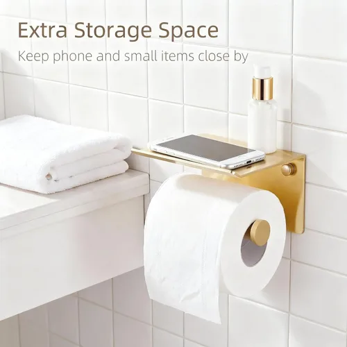 Miniatura 6 de YOUDA Soporte de papel higiénico dorado con estante de montaje en pared, autoadhesivo, sin taladro ni tornillo, aluminio resistente al óxido, ahorro