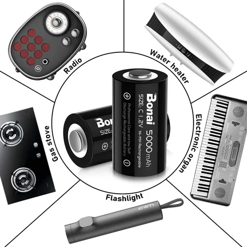 Miniatura 8 de BONAI Baterías C recargables, células C 5000mAh 1.2V Ni-MH de alta capacidad de tamaño C (paquete de 4)