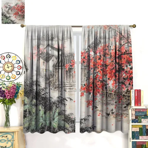 Miniatura 8 de Cortina asiática, flor de cerezo japonés, montañas brumosas de ciruelo rojo asiático, pintura de tinta tradicional, paisaje chino oriental