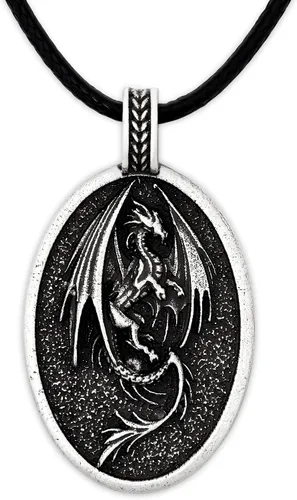 HAQUIL Dragon Necklace, Antique Medieval Dragon Pendant, Faux Leather Cord, Jewelry Gift for Men and Women