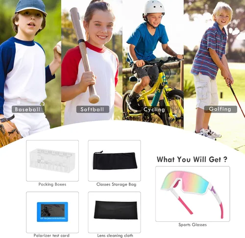 Miniatura 7 de MVPTGRS Gafas de sol deportivas para niños y niñas de 8 a 14 años, marco TR90, para béisbol, softbol, ciclismo, golf Lentes rosadas con montura