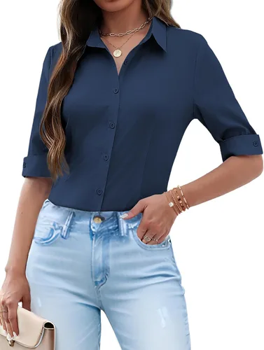 Miniatura 11 de Zeagoo - Camisas con botones para mujer, manga de 3/4, blusas de vestir, casual de negocios, cuello Oxford, tops
