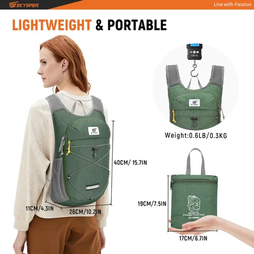 Miniatura 4 de SKYSPER Mochila de senderismo plegable - Mochilas de viaje transpirables pequeñas y ligeras de 10L/15L Verde