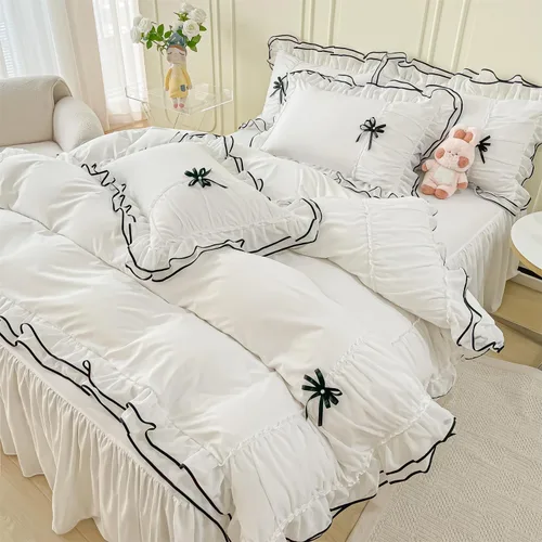 Miniatura 6 de IHOUSTRIY Juego de funda de edredón blanca tamaño Queen, juego de ropa de cama con volantes con corbatín, juego de funda de edredón de 3 piezas