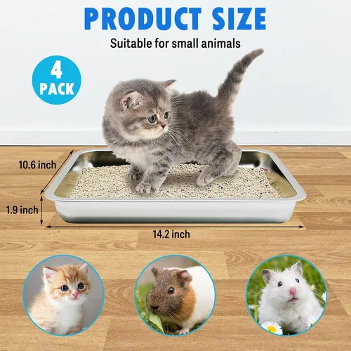 Miniatura 5 de BNOSDM 4 bandejas de arena de acero inoxidable para gatos de entrada baja, bandeja de arena de metal poco profunda, caja antiadherente para gatos