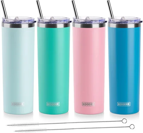 Koodee - Vaso delgado de acero inoxidable de 20 onzas (4 unidades) aislado con doble pared, vaso de agua con 4 tapas, 4 popotes y 2 cepillos para