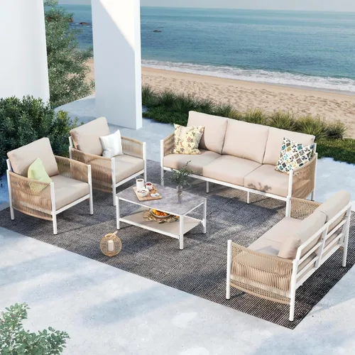 Miniatura 23 de Juego de muebles de aluminio para patio al aire libre con mesa de centro de doble capa, juegos de conversación de patio modernos de 4 piezas