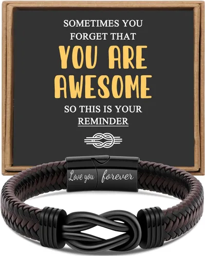 Miniatura 8 de Regalo para Hombres Pulsera Infinita para Hombres Papá Marido Novio Hijo Nieto Hermano Sobrino Tío Cuero Trenzado Marrón Siempre Unidos Acero