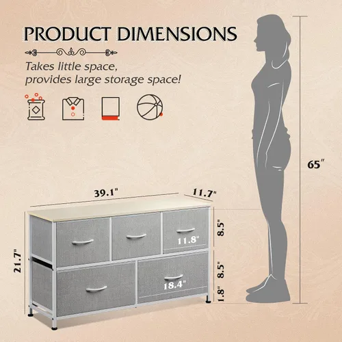 Miniatura 3 de WLIVE Cómoda para dormitorio con 5 cajones, cómoda ancha de cajones, cómoda de tela, unidad de organización de almacenamiento con contenedores