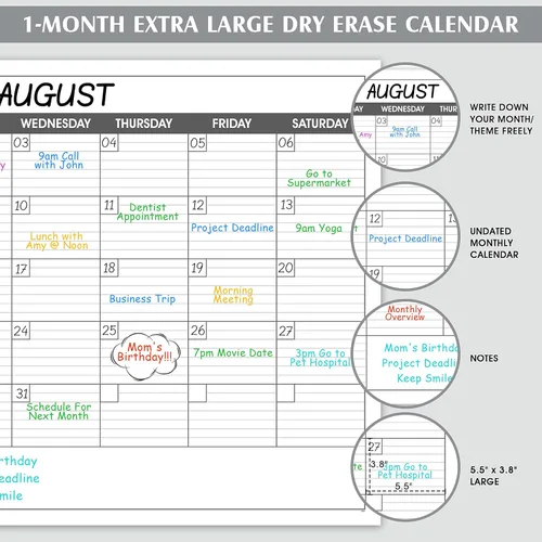 Miniatura 3 de Calendario grande de borrado en seco para pared - Calendario de pared de un mes sin fecha, 40" x 30", Calendario laminado erasable y reutilizable