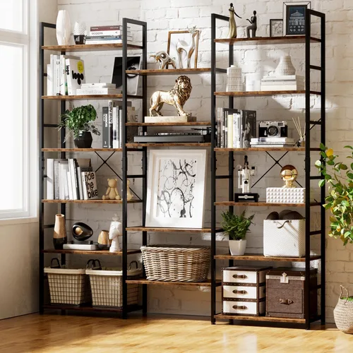 Miniatura 4 de NUMENN Estantería Triple Ancha de 5 Niveles, Estantes de Libros Ajustables de Estilo Industrial Rústico, Librerías y Estanterías Modernas Muebles