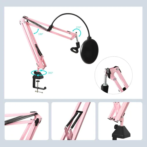 Miniatura 7 de Brazo de brazo de micrófono rosa, soporte de micrófono de tijera de suspensión resistente con soporte de choque y filtro pop, abrazadera