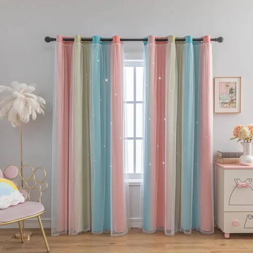 Cortinas opacas de doble cara de color rosa degradado para dormitorio de niños y niñas, cortinas opacas de doble capa con recorte de estrellas, a