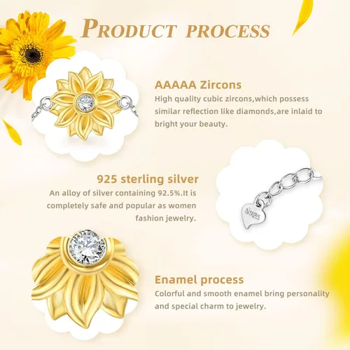 Miniatura 3 de SNZM Pulseras para mujer de plata de ley 925 con diseño de girasol, cadena ajustable con dije de corazón, eslabones de cumpleaños, joyería